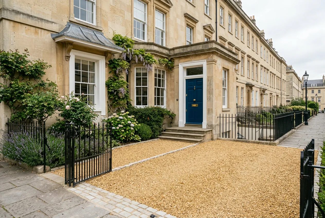 Georgian Bath stone townhouse with a newly laid golden gravel driveway