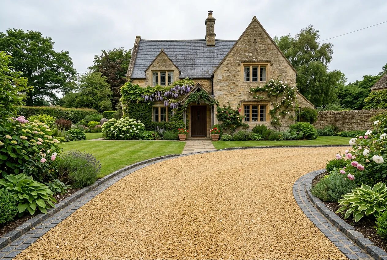 Golden limestone gravel driveway with sett edging before a stone cottage