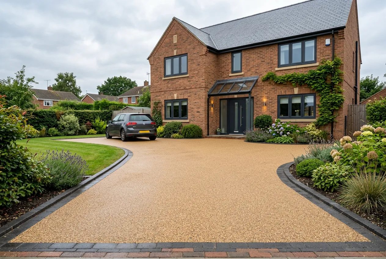 Golden resin bound driveway on a modern brick house