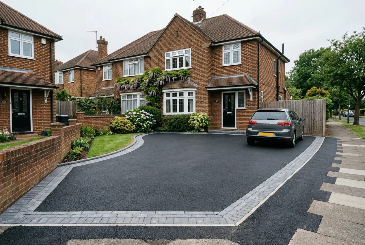 Fresh black tarmac driveway with block paving edging on a brick semi